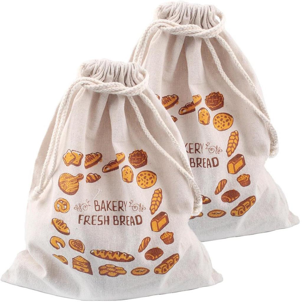 Set of 4 Reusable Linen Food Storage Bags Organic Materials Portable for Artistics Loaves Baguettes Vegetables