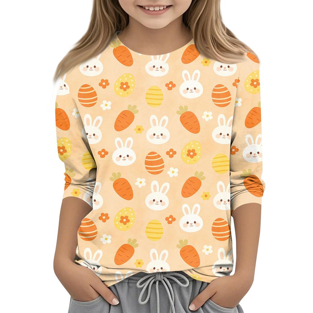 Haut décontracté pour enfants à manches sept-quarts, imprimé Pâques, col rond, imprimé