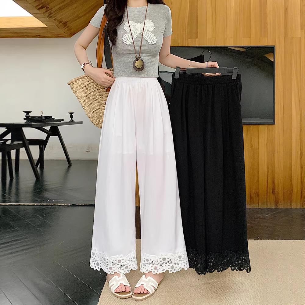 2026 Summer Plus Size Women s Lace Trim Wide-Leg Pants 3XL