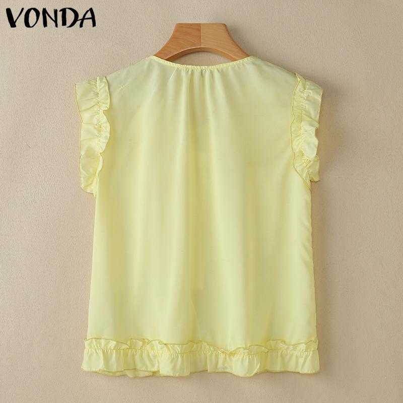 VONDA Summer Women V Neck Ruffled Sleeveless Buttons Up Casual Tank Tops