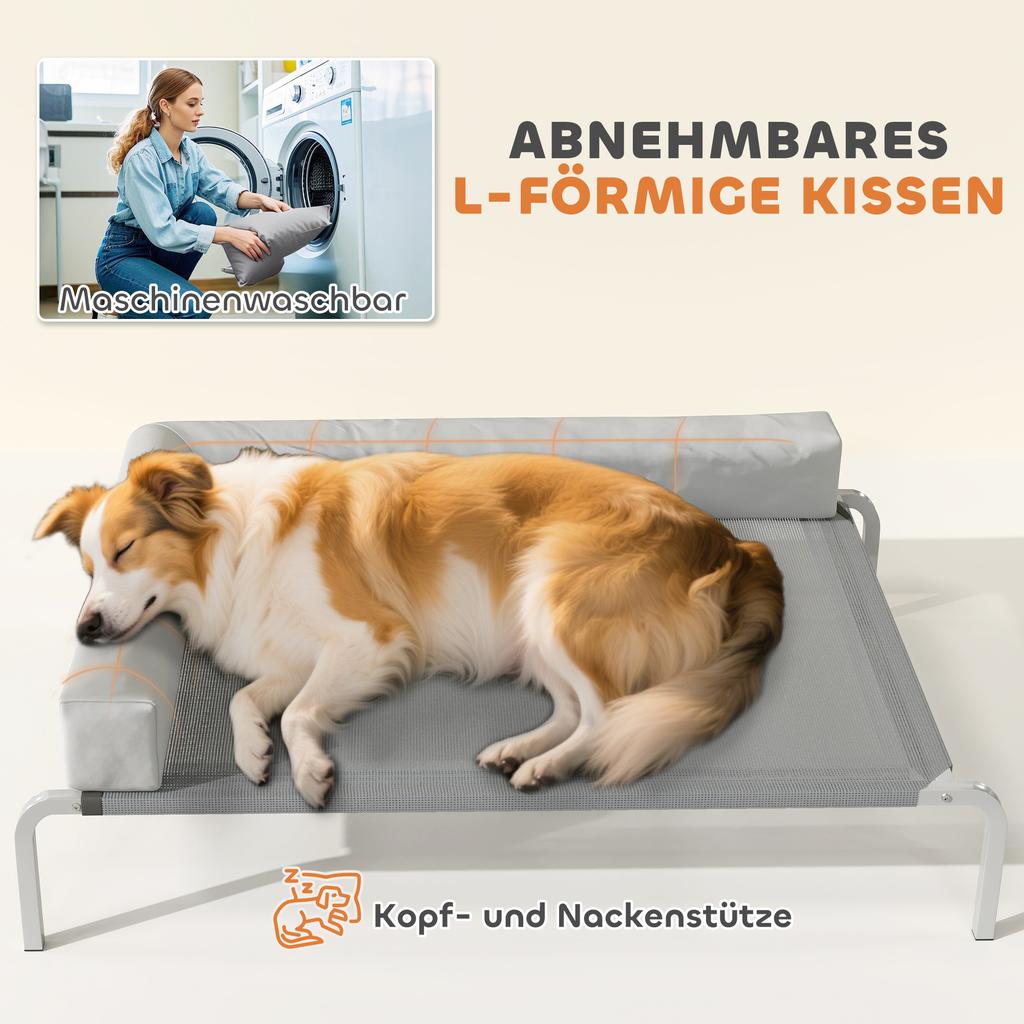 Hundebett für draußen, Erhöhtes Hundebett für mittelgroße Hunde, mit L-förmigem Kissen 110x75x30cm, Hellgrau