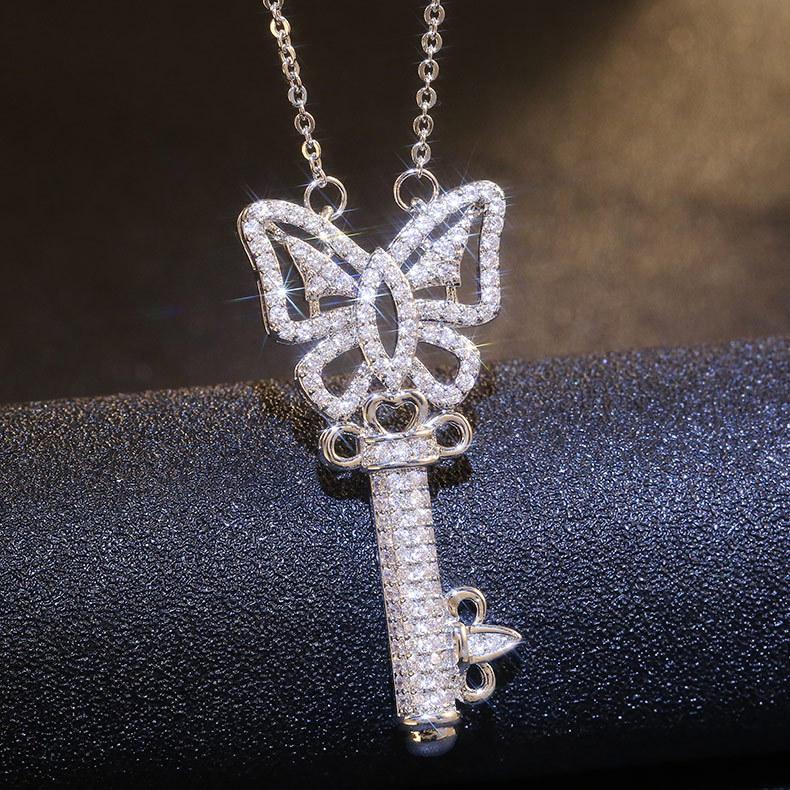 Silver Plated Butterfly Key Full CZ Pendant Necklace, Elegant Sparkling Cable Chain Necklace for Women