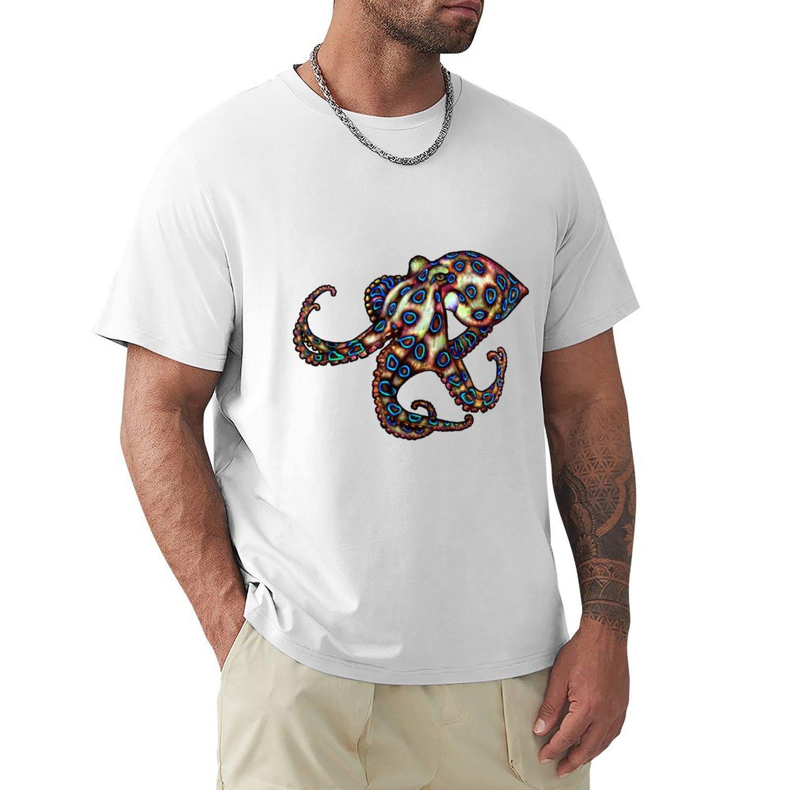 Blue Ring Octopus Tshirt Casual Simple Design Short Sleeve Shirt S