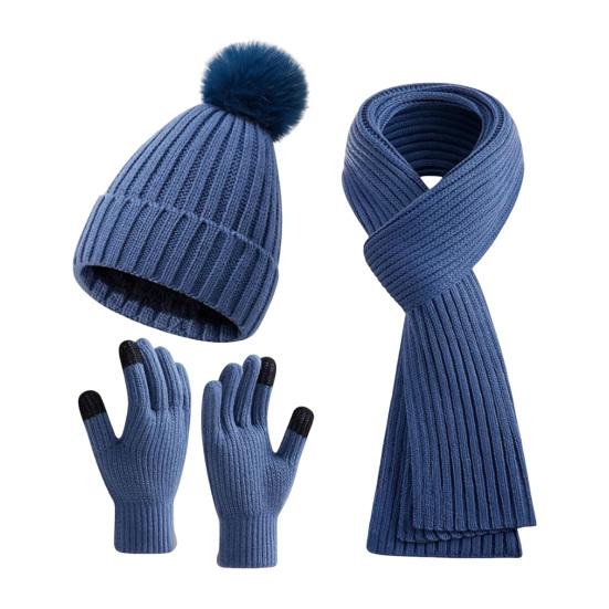 3 Pcs/Set Winter Hat Scarf Gloves Set Unisex Knitted Thick Warm Stretchy High Sensitivity Touch Screen Plush Ball Decor Cycling Outdoor Fleece Lined