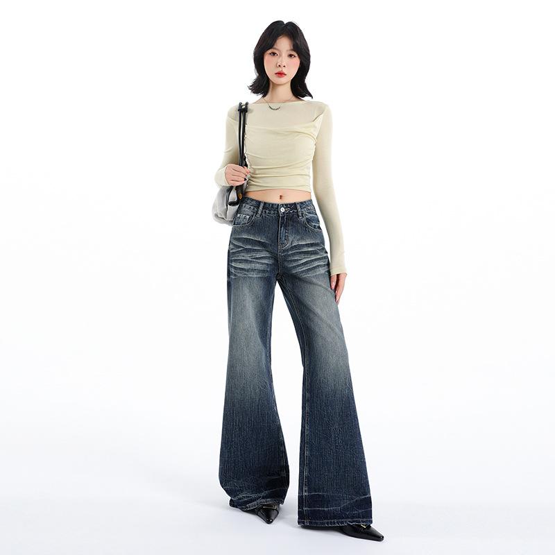 American Spice Girl Low Waist and Slightly Pulled Jeans Women's Autumn New Loose and Skinny Legs Flared Pants