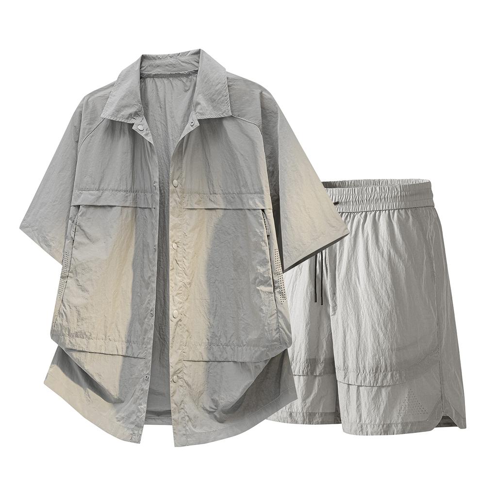 Summer Solid Color Basic Versatile Ice Silk Set Men's Shirt Short Sleeved Set Men's Two-piece Set