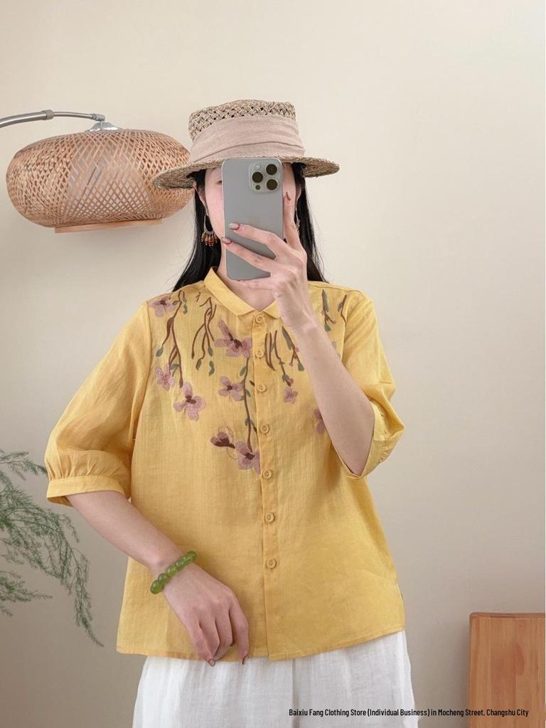 2026 Summer Women's Artistic Embroidered Linen Shirt: Chinese Style, National Flair, Small Lapel, Five-Point Sleeves