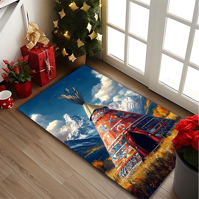 Camping Teepee Scene Rug Ideal for Reading Room, Multi-purpose Office Chair Sofa Carpet, Anti-slip Printed Home Area Rug
