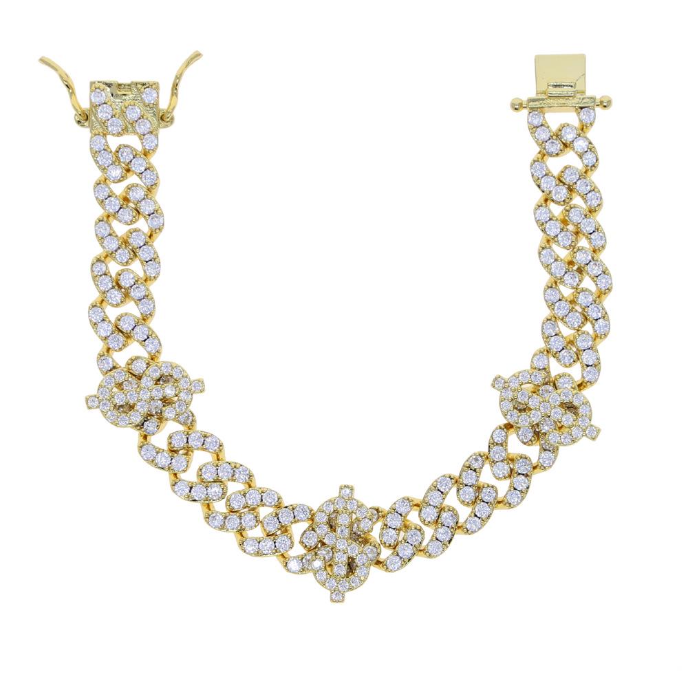 

Женский трансграничный 10-миллиметровый цирконовый браслет в стиле хип-хоп со знаком доллара в наличии Gold 18cm