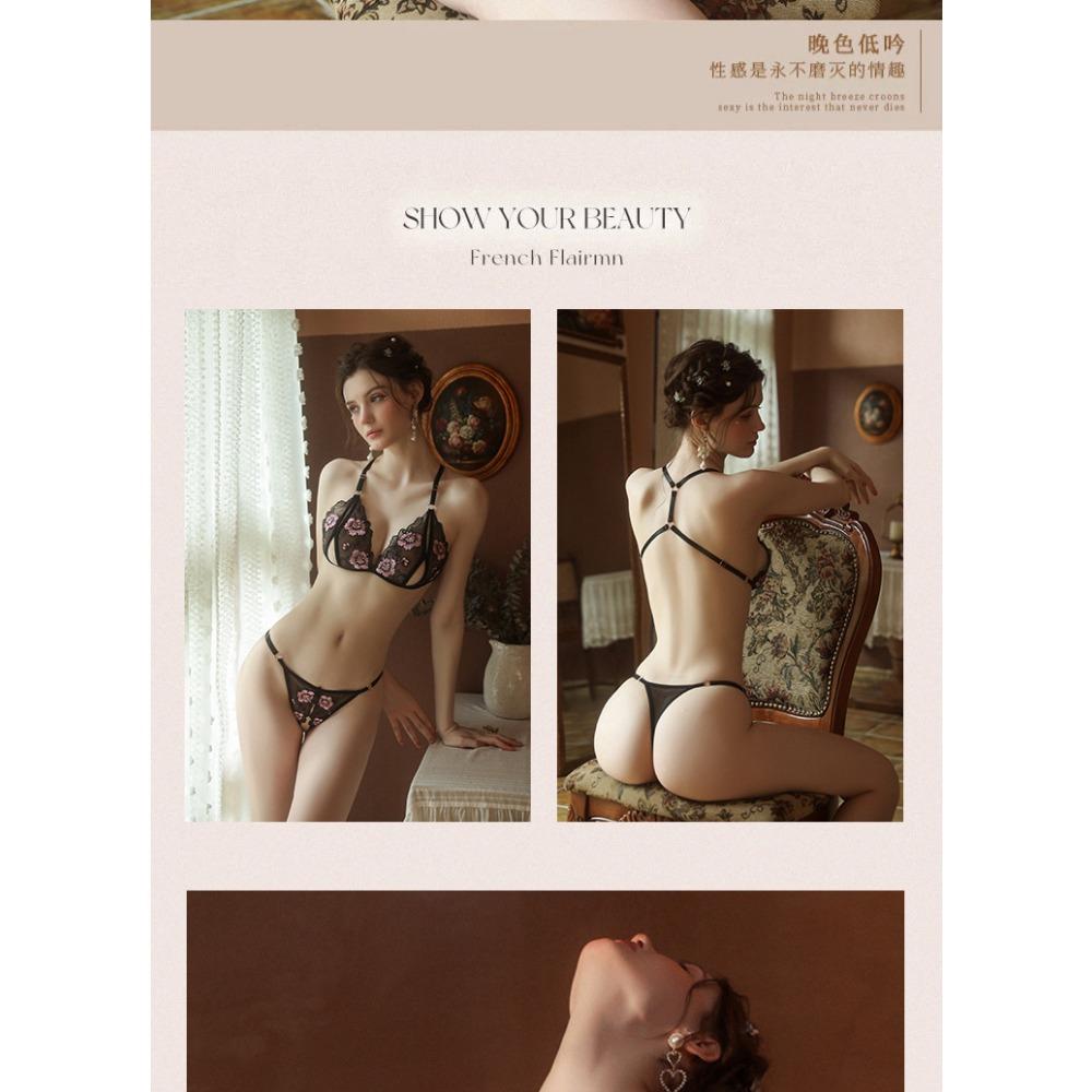 Sexy Lingerie Bed Flirting Robe Three-point Seduction Sexy Embroidery Open Passion Bra Set Women's Large Size