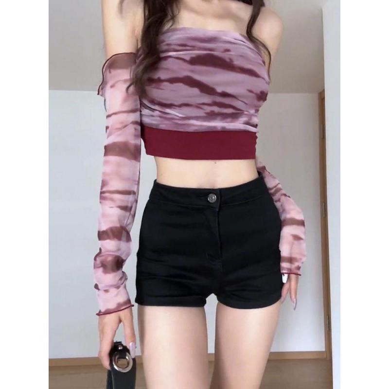 American Retro Off-Shoulder Bell Sleeve Mesh Bandeau Top for Women - Slim-Fit Autumn Style L