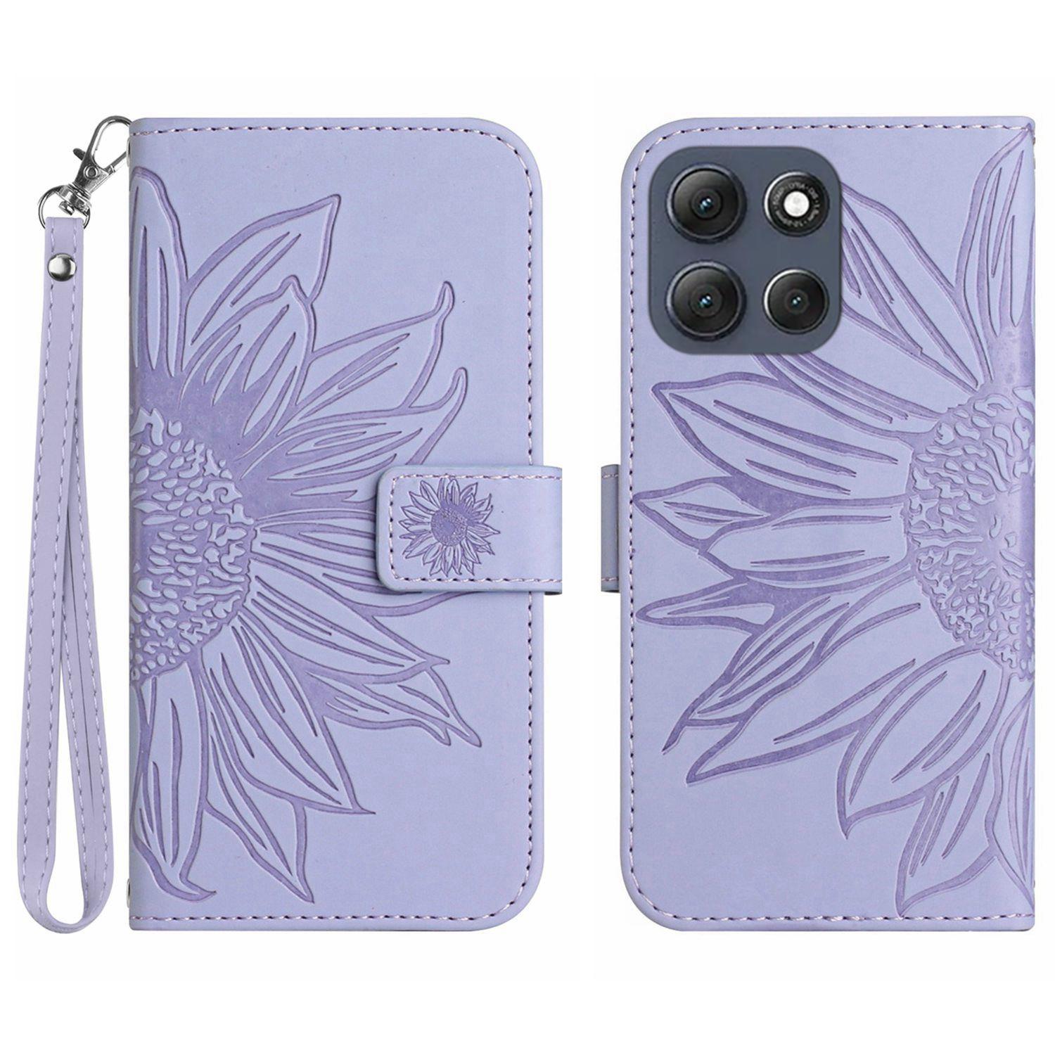 

For Motorola Moto G86 5G Case Sunflower Imprint Leather Wallet Phone Cover with Wrist Strap Light Purple