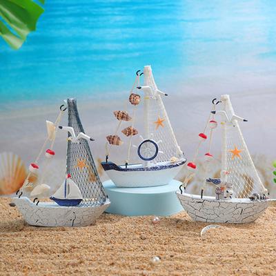 Mini Sailboat Model Nautical Resin with Shell Starfish Sailing Boat Decoration Rustic Vintage Beach Ocean Theme