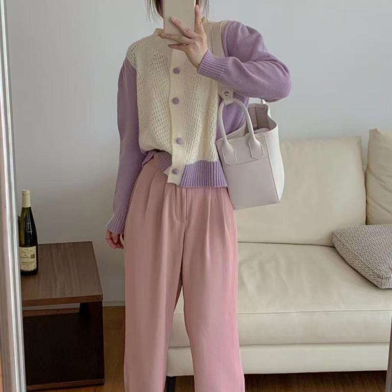 Autumn New Knitted Cardigan Women Contrast Color Chic Korean Fashion Sweater Coat Loose Vintage Clothes