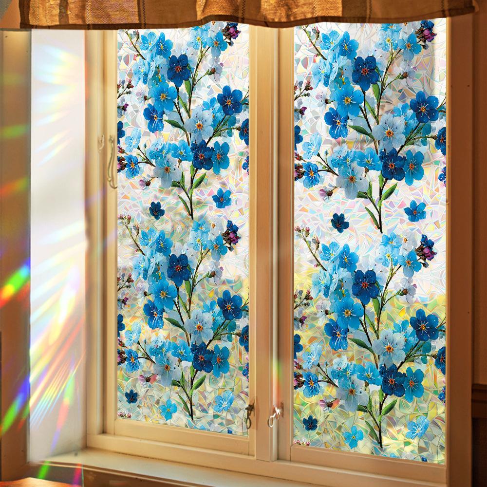 Fresh and Vibrant Laser-Cut Blue Flower Branch Home Decor Glass Window Adhesive Sticker