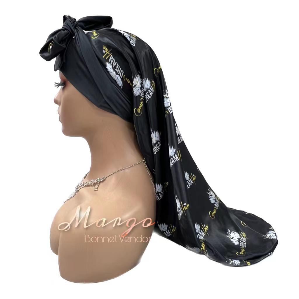 Popular Custom logo Large Long Satin Hair Bonnets for Braids Private Label Silk Head Bonnets with Ties чёрный