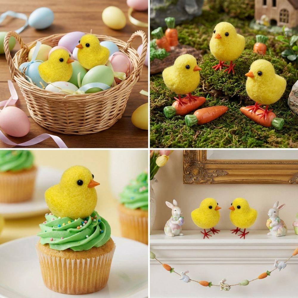 Cute Realistic Chicken Ornament Animal Standing Easter Chick Figurine Faux Flocking Chicks Home Decor