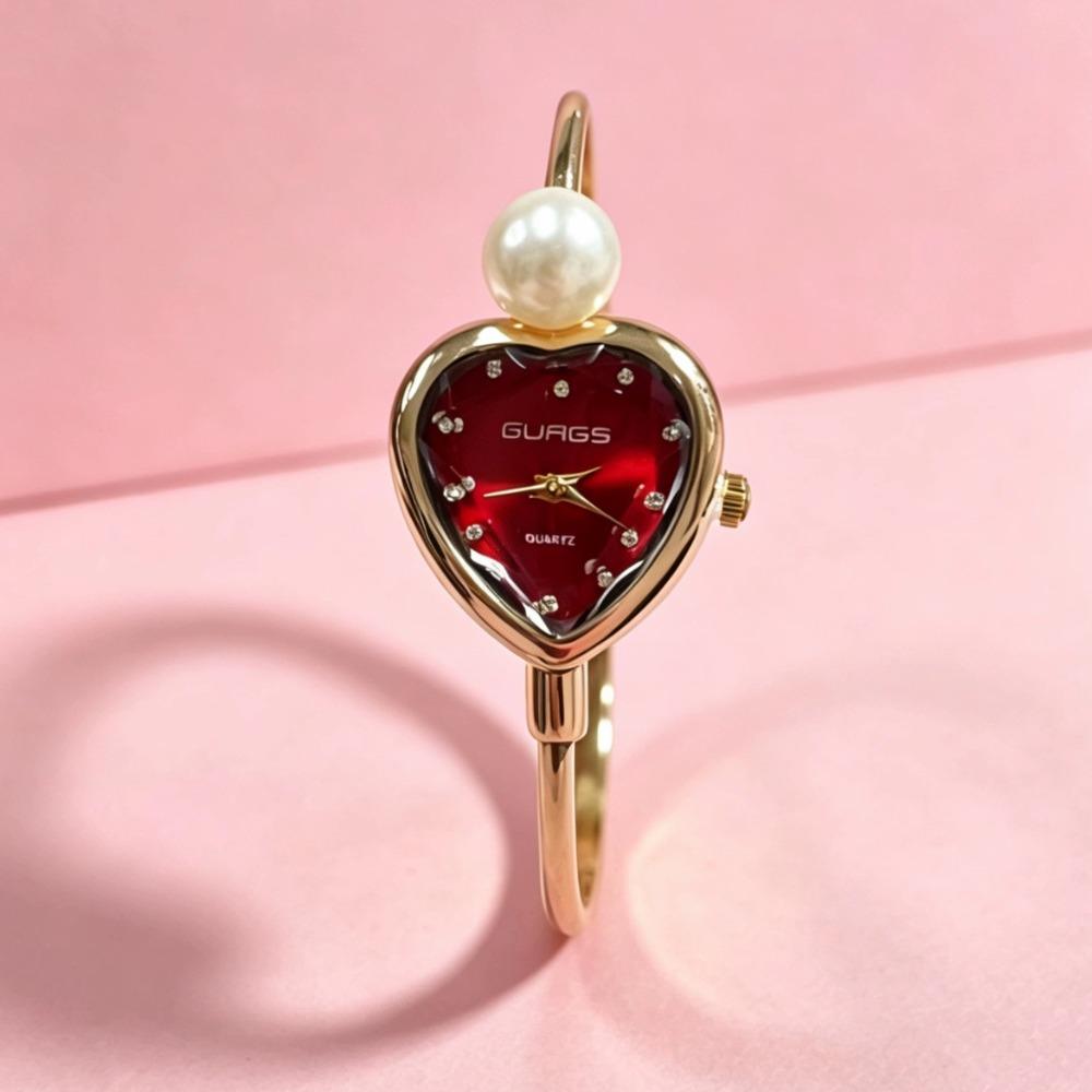 

Creative Heart-shaped Dial Pearl Watch Adjustable Open Design Bracelet Watch Luxury Elegant Ladies Watch for Women красный