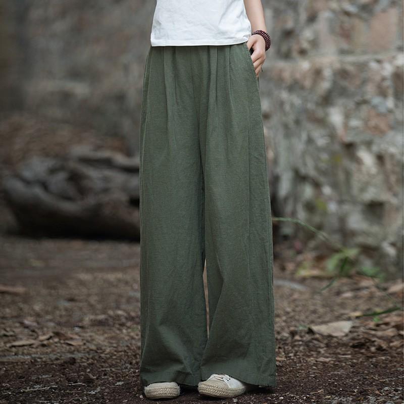Womens Linen Cotton Blend Wide Leg Pants Vintage Washed Relaxed Fit Casual Trousers