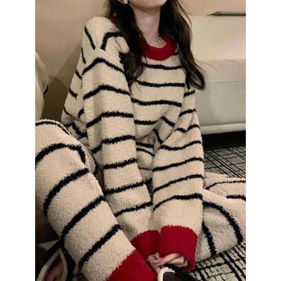 Women's Winter Warm Pajamas Sets Comfortable Long Sleeved Print Color Jacquard Thickened Loose Fleece Pullover 2 Piece Sets