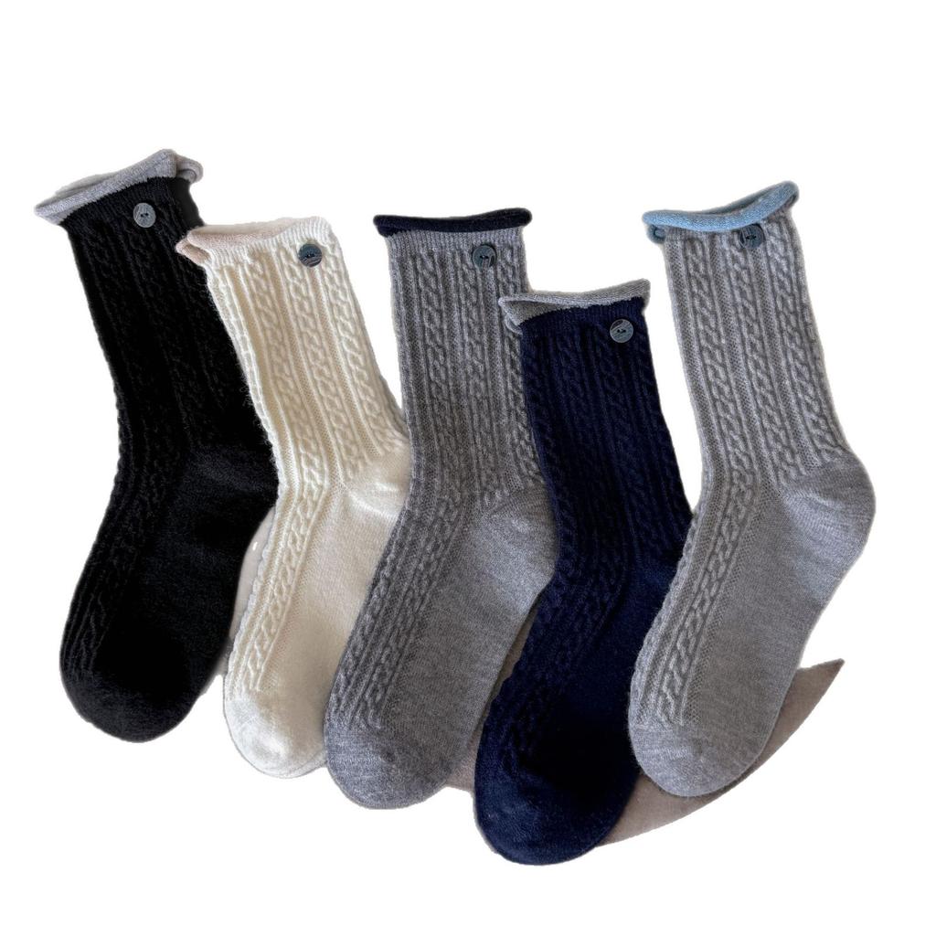 Autumn and Winter Warm Fleece Wool Twisted Mid-calf Socks with Contrasting Colors, Rolled Edges and Cuffs, Versatile and Thickened Warm Pile Socks