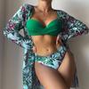 Conjuntos de Bikini de 3 Piezas para Mujer Verano Sexy Floral Retorcido Cintura Baja Bikinis Traje de Baño para Cubrir Traje de Baño Femenino Ropa de Playa Brasileña