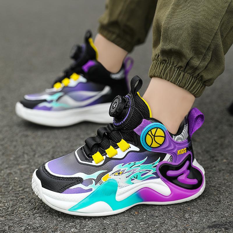 

Children s sports shoes Guochao knob buckle fly weaving autumn and winter high-top leather surface boys rotating buckle primary school students runni 31