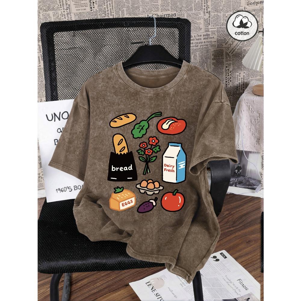 Bread Eggs Dairy Fresh Milk Print Washed T-Shirt Women Summer Casual T Shirt Cotton Loose Short Sleeve O-Neck Clothes