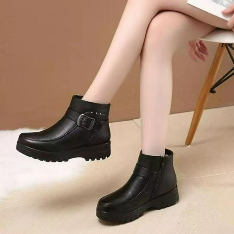 Modische Damenstiefel PU-Leder Stiefeletten Winter Plüsch Warm Schneestiefel Wasserdicht Rutschfest Schuhe Plateau Reißverschluss Baumwollschuhe
