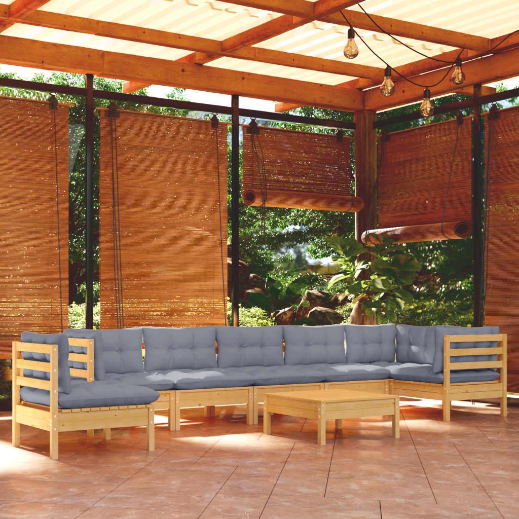9 Piece Garden Lounge Set with Grey Cushions Solid Pine Wood