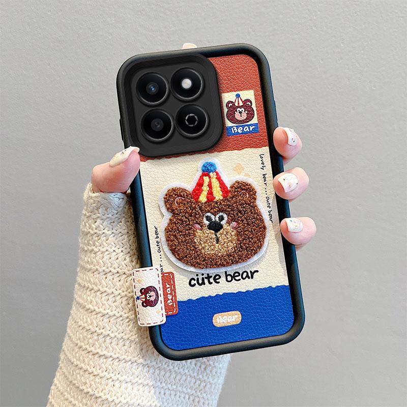 KEYSION Cartoon Cute Plush Embroidery Case for HONOR 200 Smart 5G with Lanyard Shockproof Phone Back Cover for Huawei Honor X7c