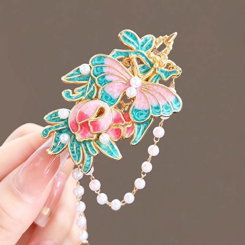 Elegant Chinese Butterfly Flower Tassel Hair Clip for Hanfu & Qipao