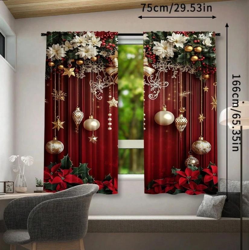 Perdele Florale de Crăciun cu Fundă Concepute pentru Protejarea Intimității Potrivite pentru Decorarea Diverselor Scene Set de 2 Fabricate din Poliester cu Buzunar pentru Tije