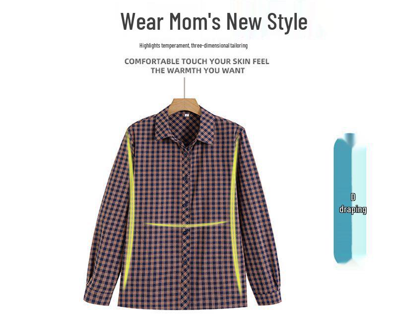 Spring/Autumn Plaid Loose Long-Sleeve Shirt for Women Aged 50-60