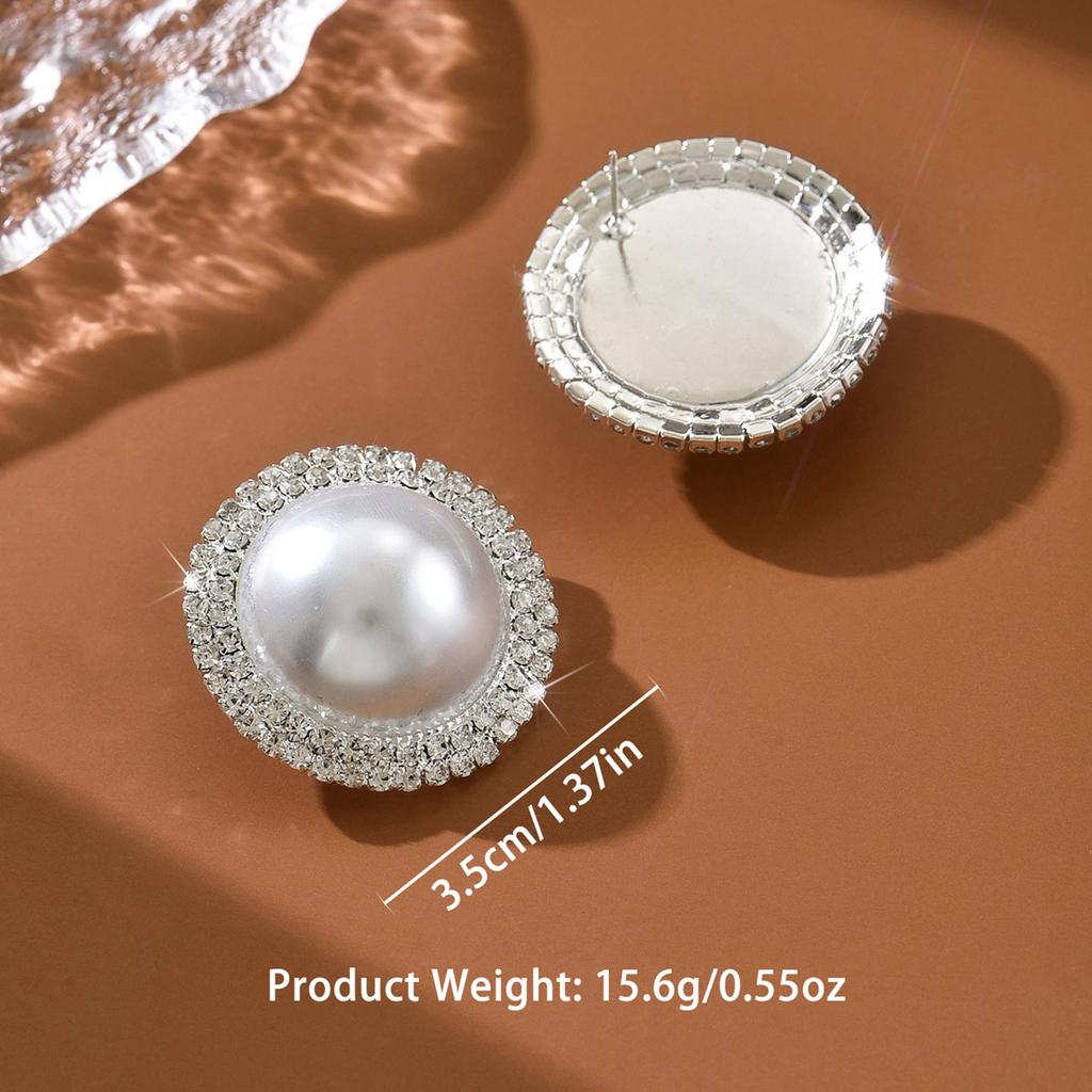 Fashionable Geometric Round Pearl Earrings with Luxurious and High-end Feel, Inlaid with Rhinestones, Elegant Earrings for Women