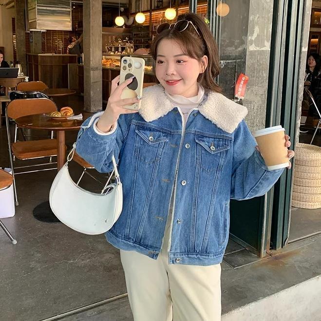 Fashionable Brown Plus Velvet Denim Jacket Women's Rabbit Fur Collar All-match Slimming and Thickening Trend Cotton Jacket