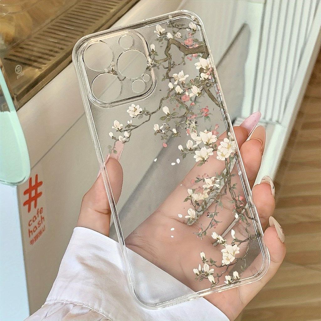 Transparent Minimalist White Orchid Branch Phone Case For Iphone17 16 15 14 13 12 11 16e Plus Pro Max Suitable Anti-Drop Cover