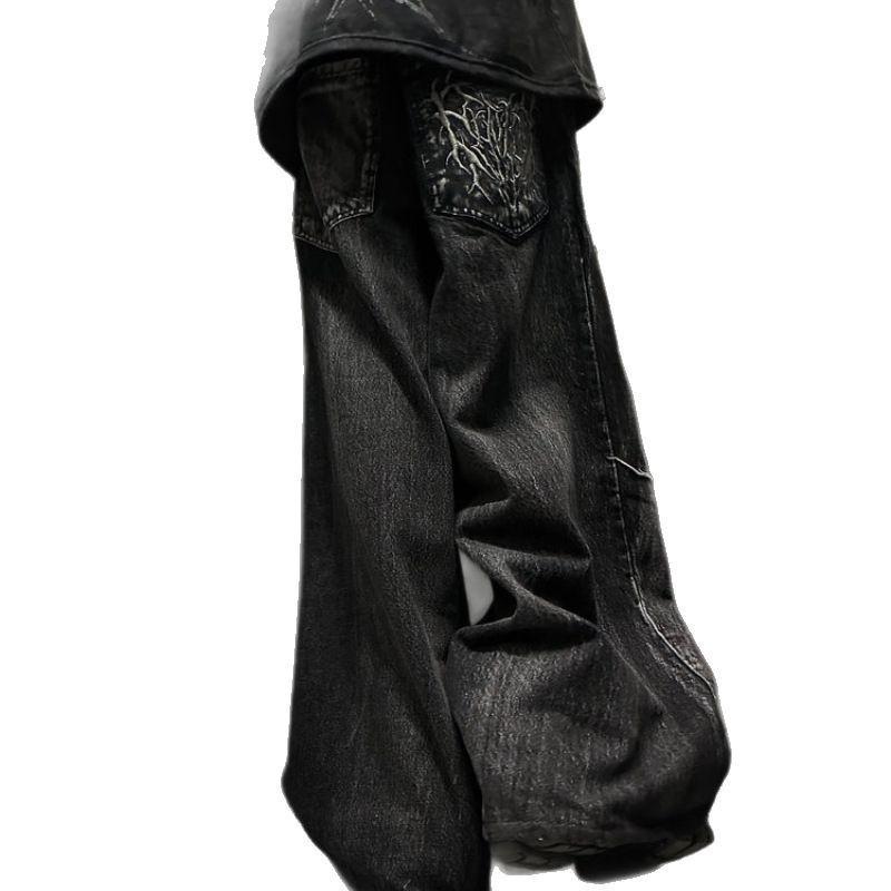 Pantalones de Mopa Baggy Unisex Gótico Retro Y2K Jeans Fantasma High Street Parche Bordado de Araña Hip Hop Streetwear Vaqueros Rectos