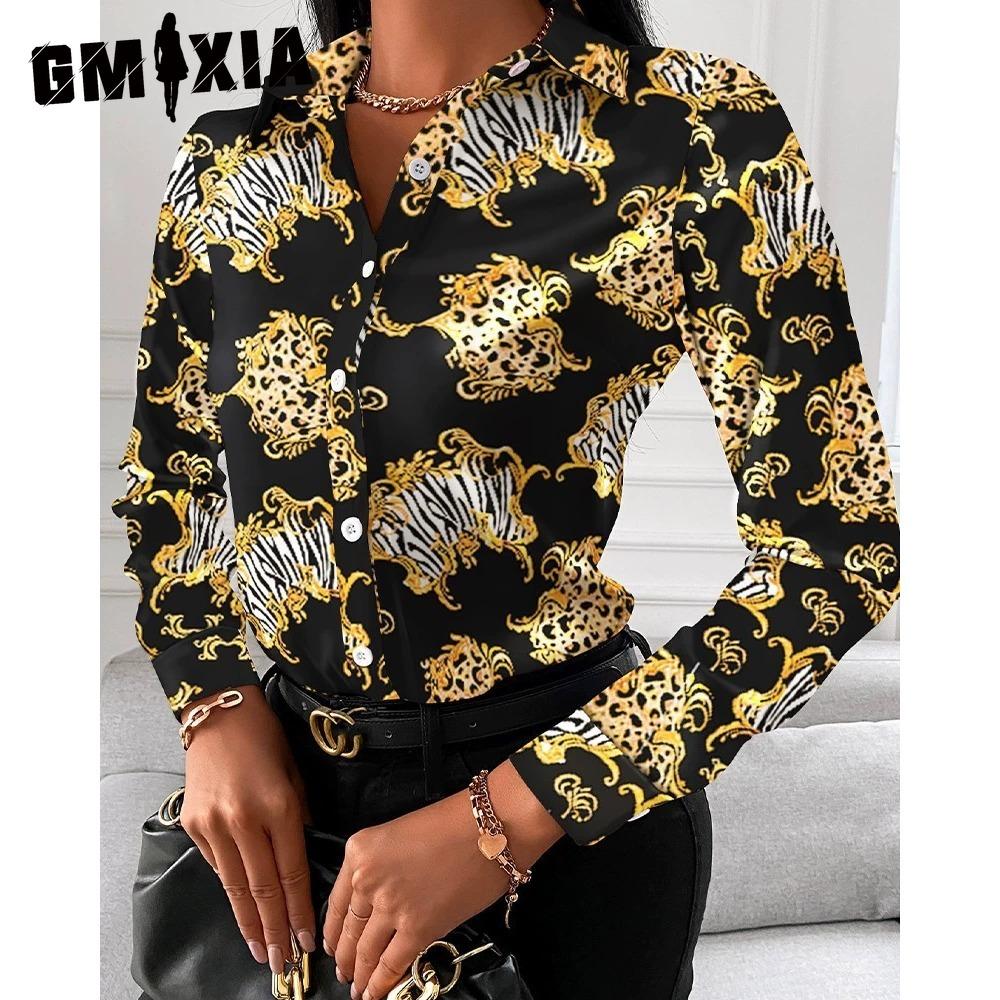 GMXIA Women's Fashion Casual Solid Color Print Long Sleeve POLO Neck Blouses & Shirts