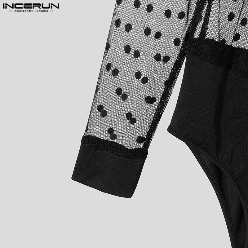INCERUN Men Long Sleeve Polka Dot Patchwork Mesh See Through Bodysuits Jumpsuits