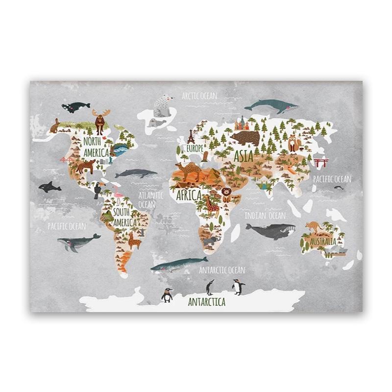 Poster de artă de perete pentru creșă, hartă a lumii animale, pictură pe pânză de desene animate pentru dormitor pentru copii, imagini scandinave, decor pentru cameră de copii