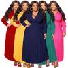 Spring and Autumn Plus Size Women's V-Neck Tie Long Sleeve Pleated Fitting Temperament Dress