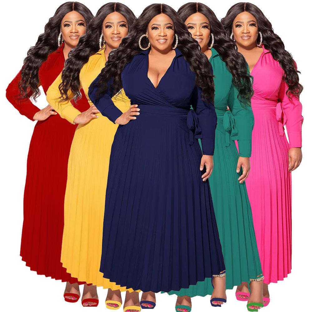 Spring and Autumn Plus Size Women's V-Neck Tie Long Sleeve Pleated Fitting Temperament Dress