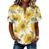 Damen Henley-Hals Knopfleiste Kurzarm Baumwolle Leinen Hemd mit Sonnenblumen-Print Lässige Lockere Passform Bluse Top