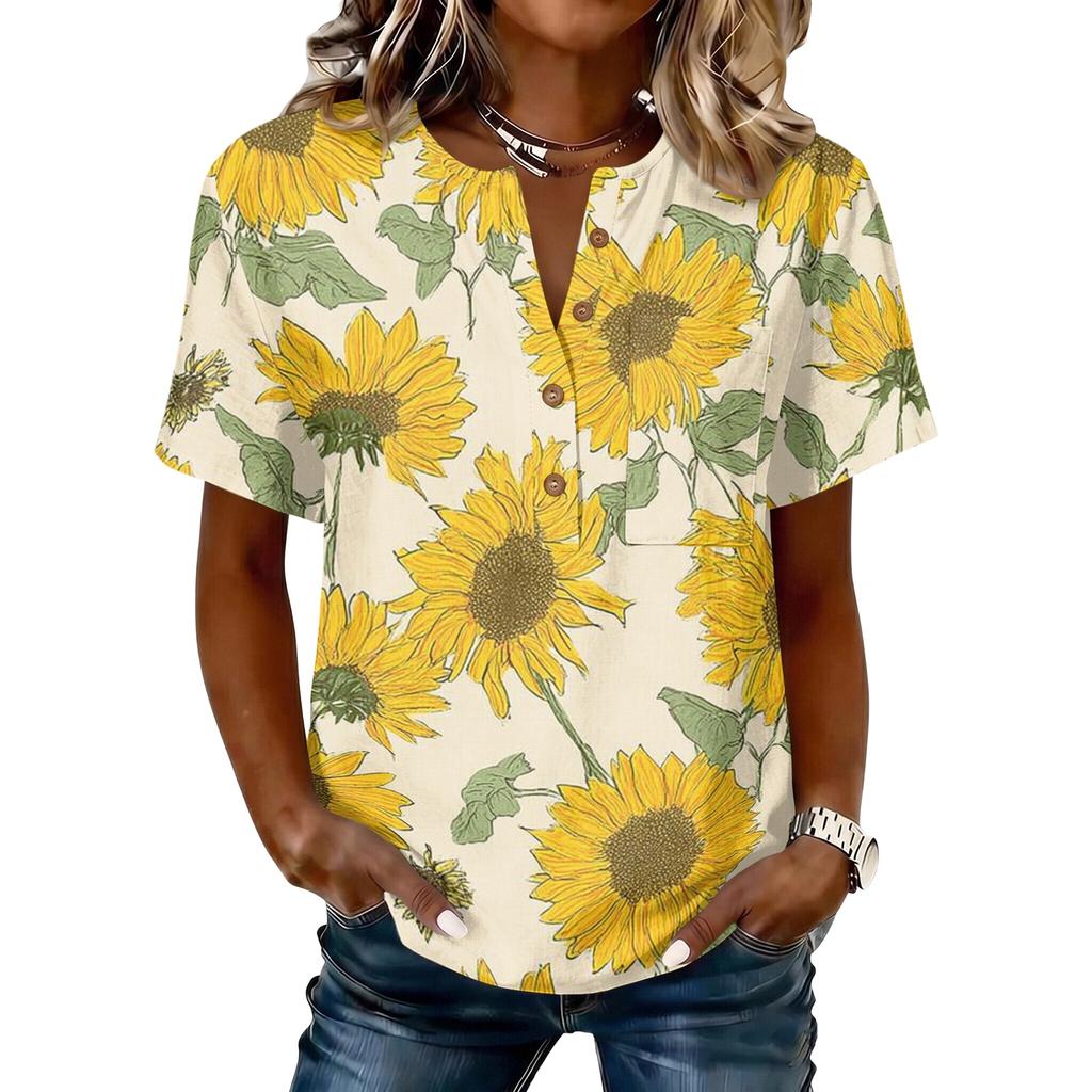 Damen Henley-Hals Knopfleiste Kurzarm Baumwolle Leinen Hemd mit Sonnenblumen-Print Lässige Lockere Passform Bluse Top