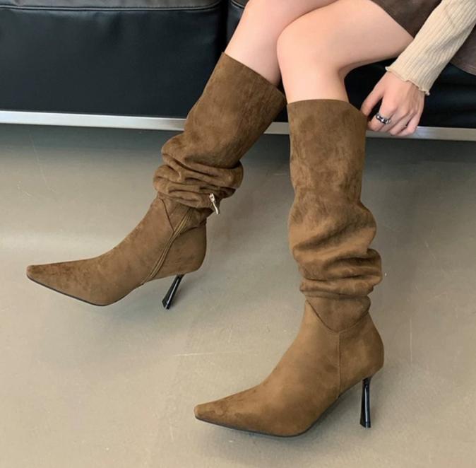 Designer Autumn Winter Vintage Thin Heels Women Knee High Boots Fashion Sexy Pointed Toe Stripper Party Shoes Zapatos De Mujes