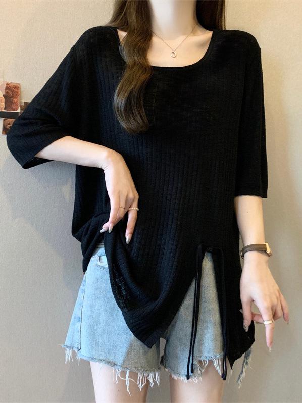 Plus Size Women s Round Neck Short Sleeve Knit T-Shirt - Loose Fit, Tummy Covering Summer Top 3XL чёрный