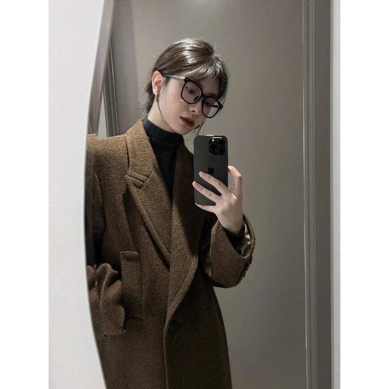 Retro hnědý vlněný kabát střední délky pro ženy Podzim a zima Nový korejský styl Volný ležérní vlněný kabát ke kolenům