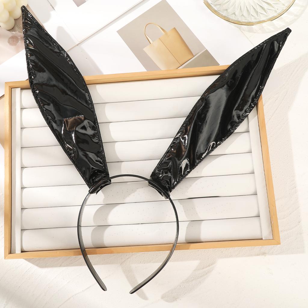 Leather Rabbit Ear Headband Black Headbands Women Cute Plush Hairbands Korean Festival Hair Accessories Headwear Bezel Accessory