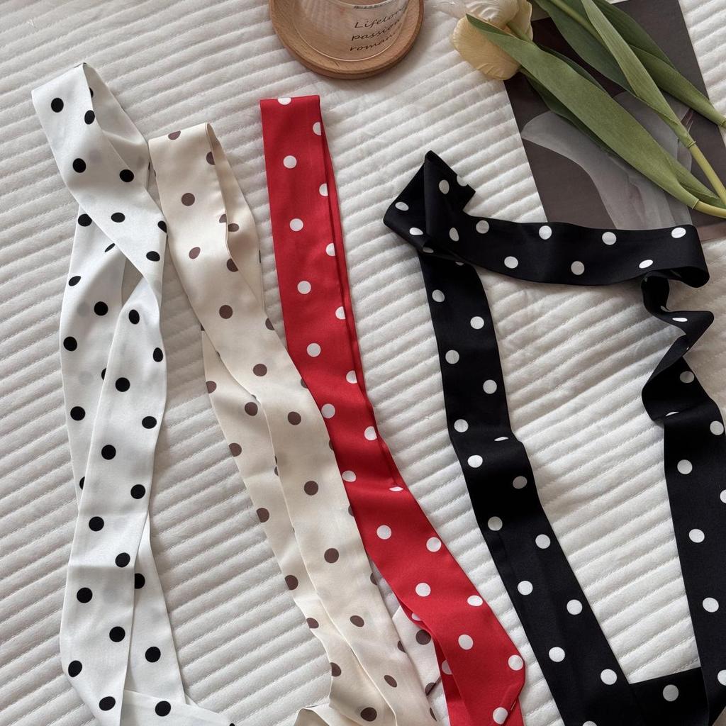 Elegant Polka Dot Silk Scarf & Headband Ribbon: Versatile Hair Accessory for Ponytails or Bags.